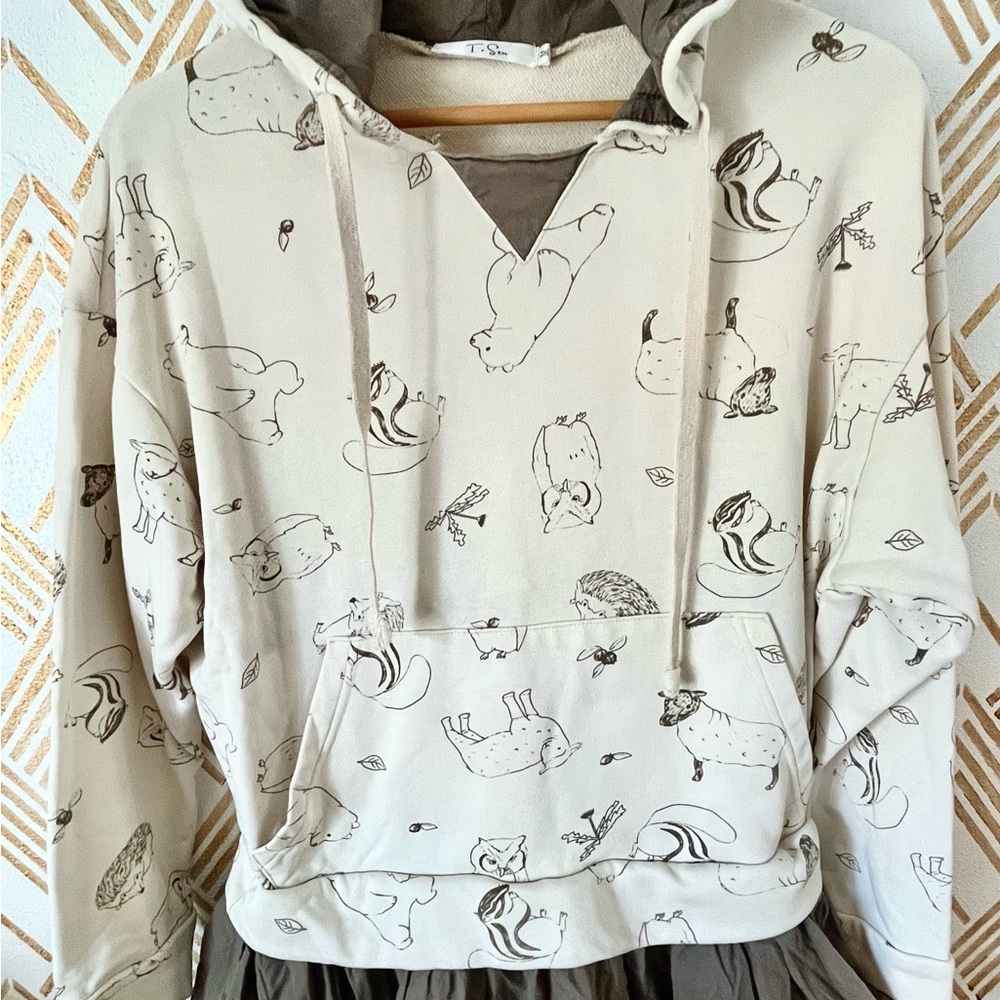 Cream Hoodie with Animal Illustrations